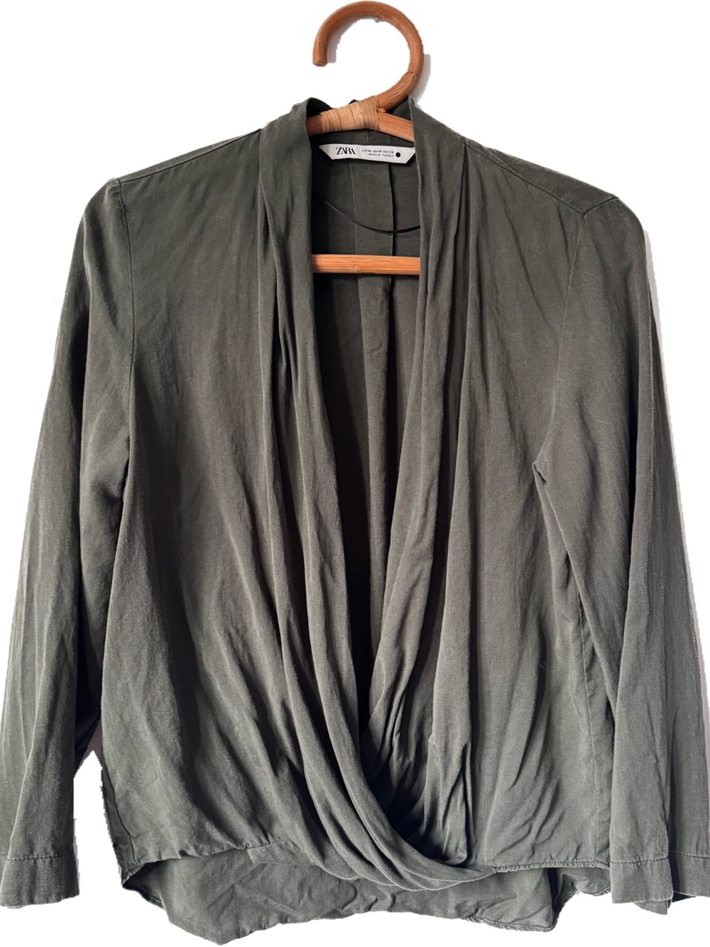 Zara Olive Green Surplus Draped Wrap Relaxed Fit Blouse Top M Office Siren